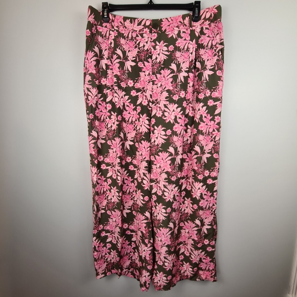 Liz Claiborne Womens High Rise Wide Leg Back Elastic Pants 18 Olive Grove Floral